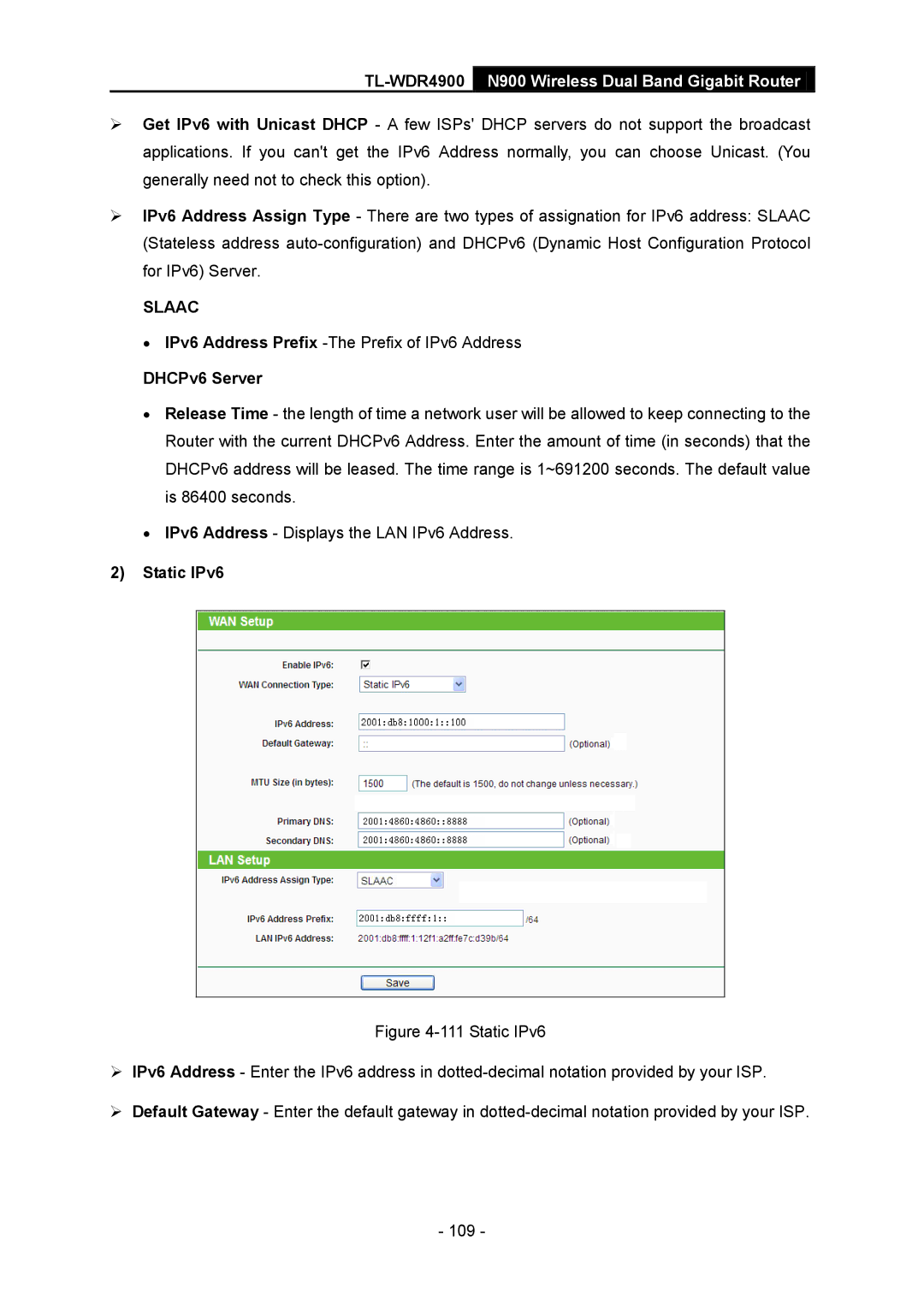 TP-Link TL-WDR4900 manual DHCPv6 Server, Static IPv6 