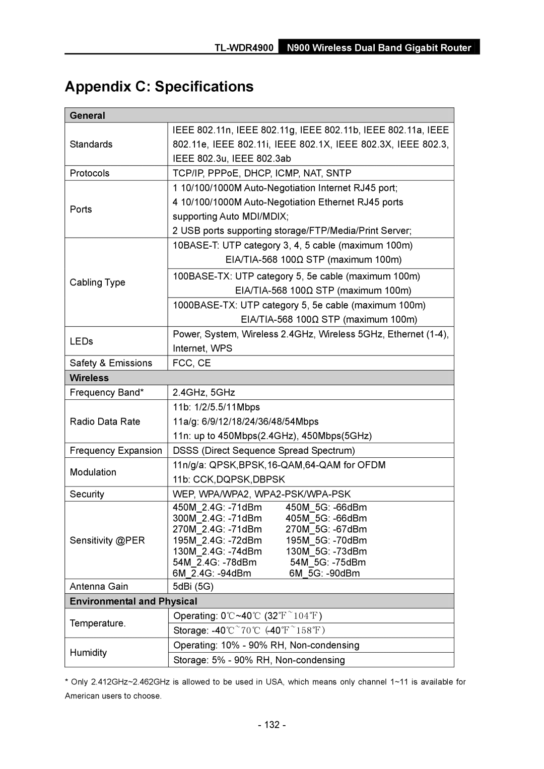 TP-Link TL-WDR4900 manual General, Wireless, Environmental and Physical 