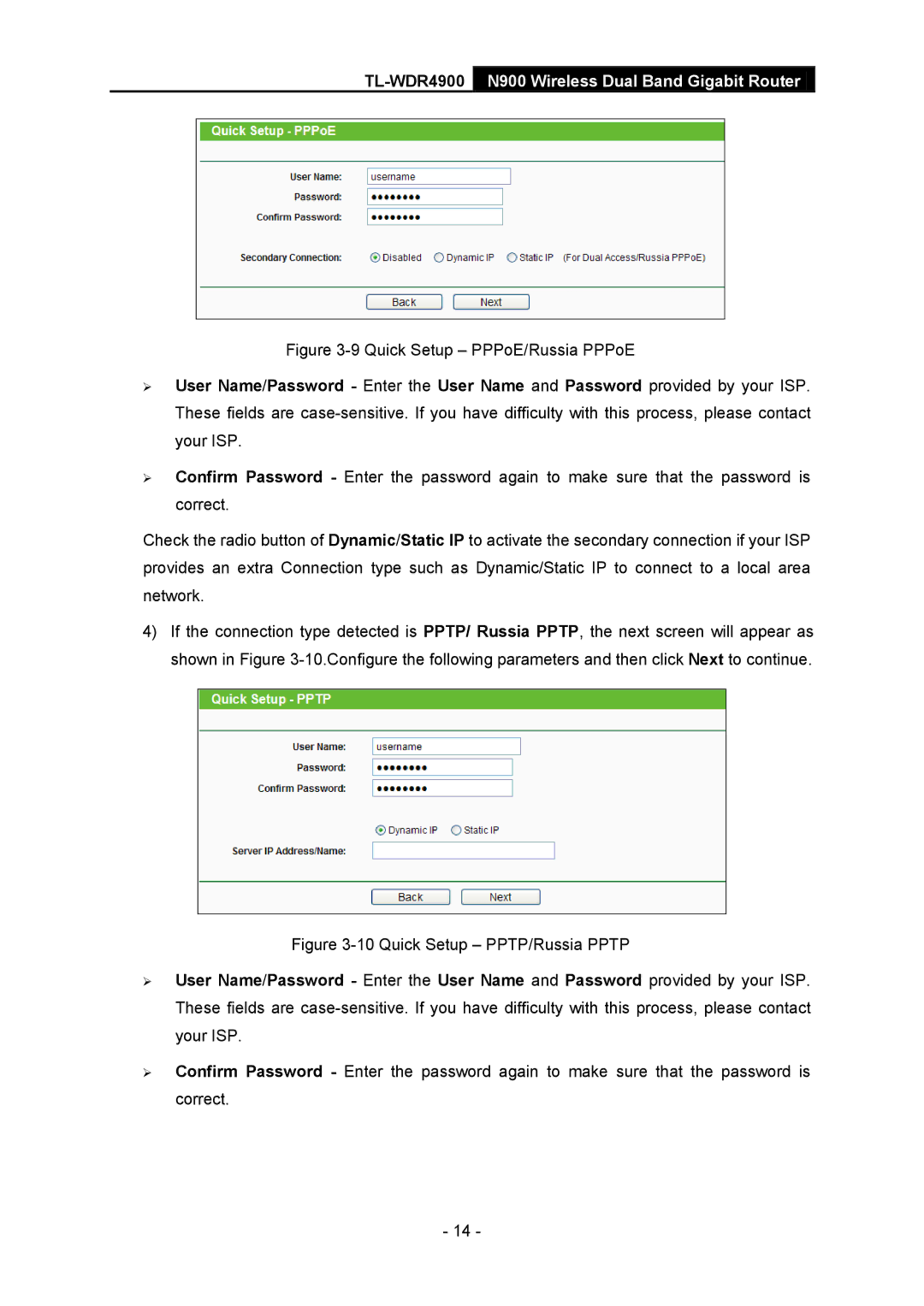 TP-Link TL-WDR4900 manual Quick Setup PPPoE/Russia PPPoE 