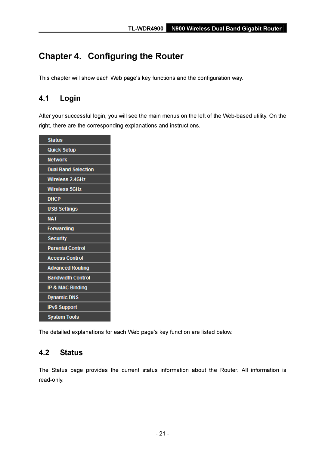 TP-Link TL-WDR4900 manual Login, Status 