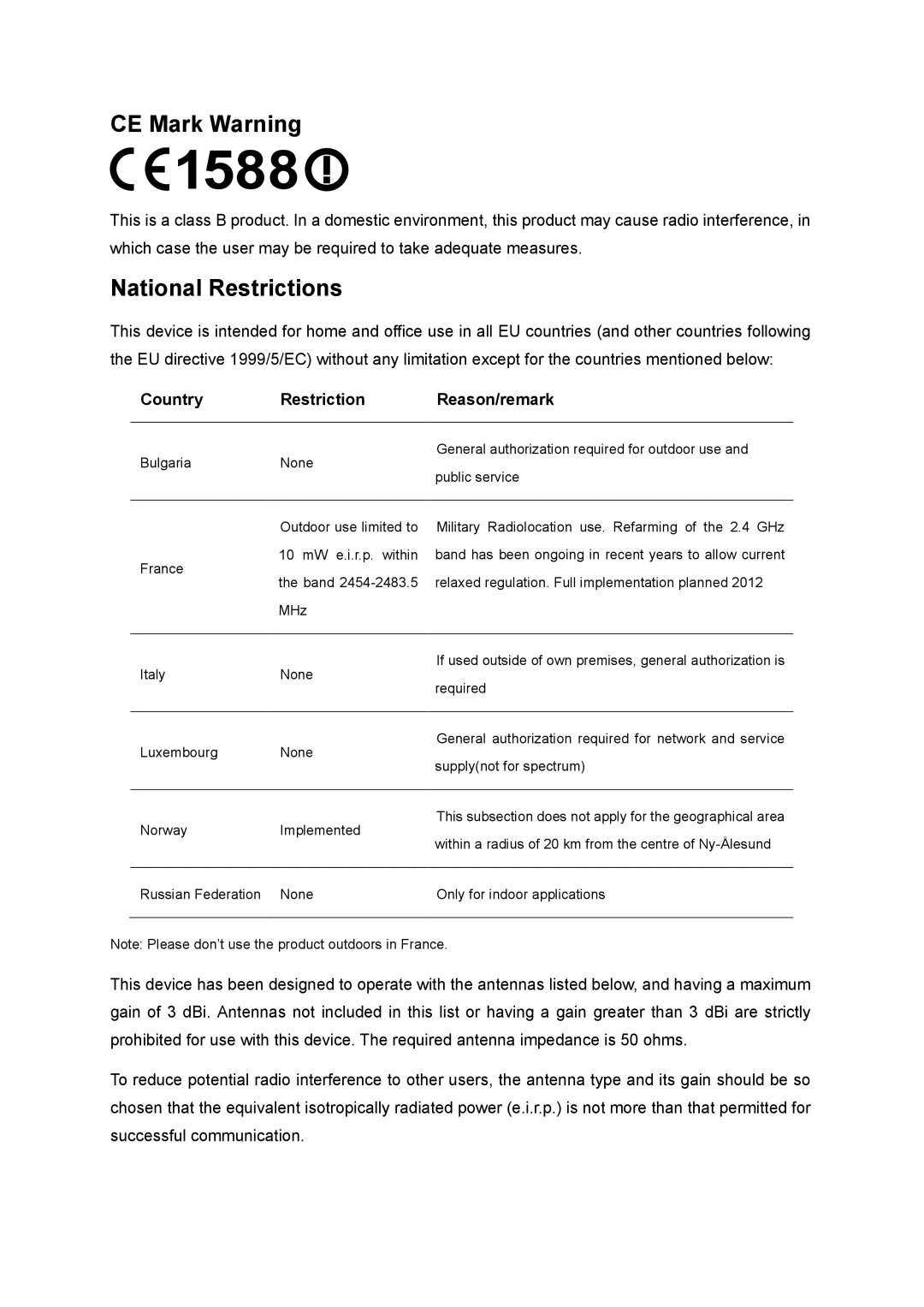 TP-Link TL-WDR4900 manual CE Mark Warning, Country Restriction Reason/remark 