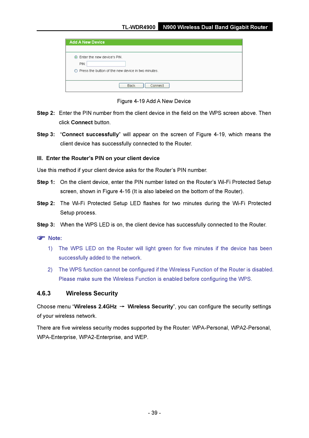 TP-Link TL-WDR4900 manual Wireless Security, III. Enter the Router’s PIN on your client device 