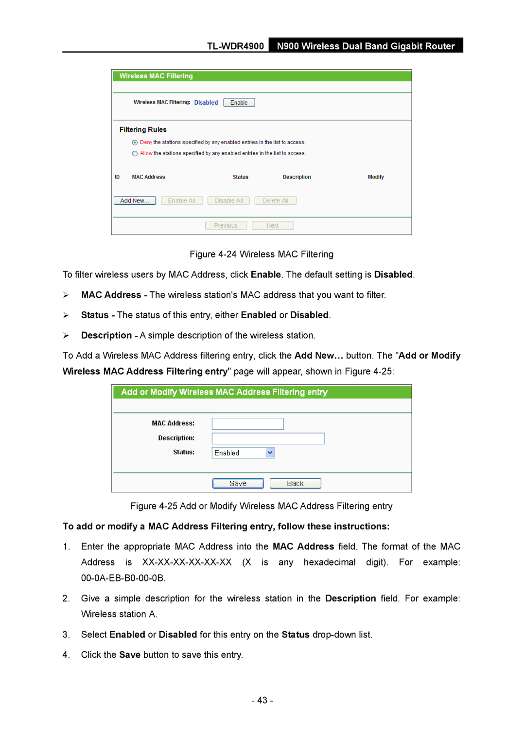 TP-Link TL-WDR4900 manual Add or Modify Wireless MAC Address Filtering entry 