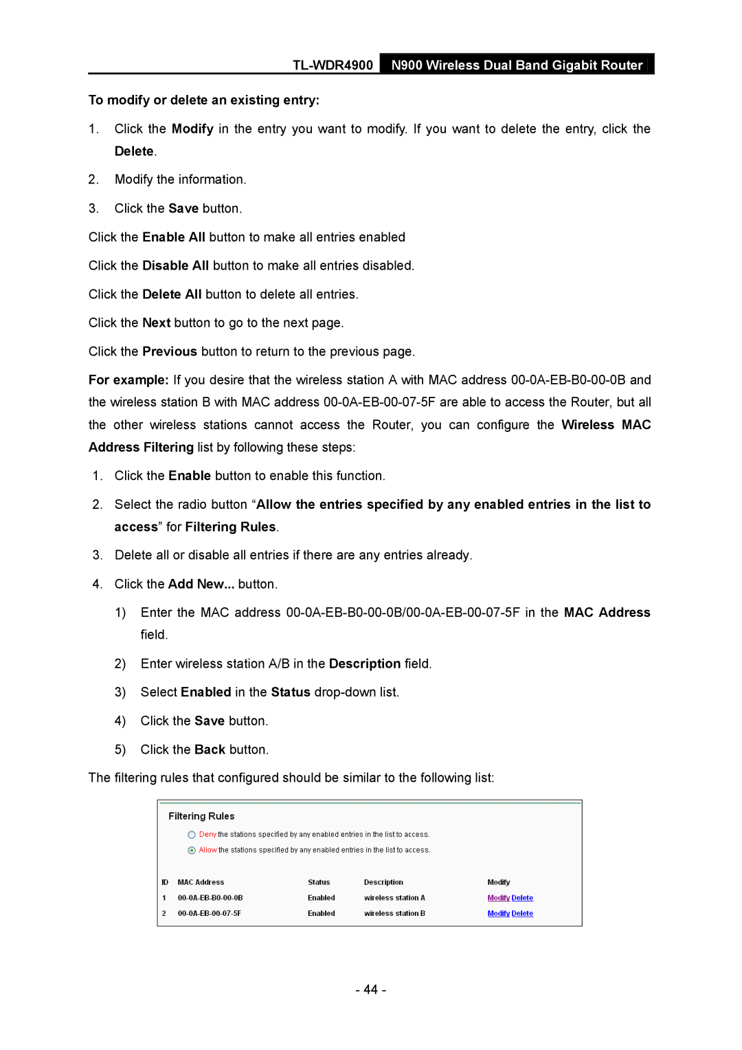 TP-Link TL-WDR4900 manual To modify or delete an existing entry 