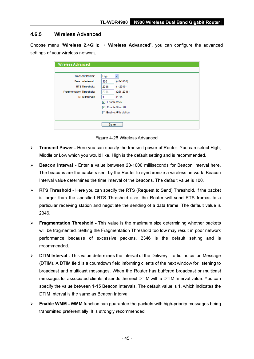 TP-Link TL-WDR4900 manual Wireless Advanced 