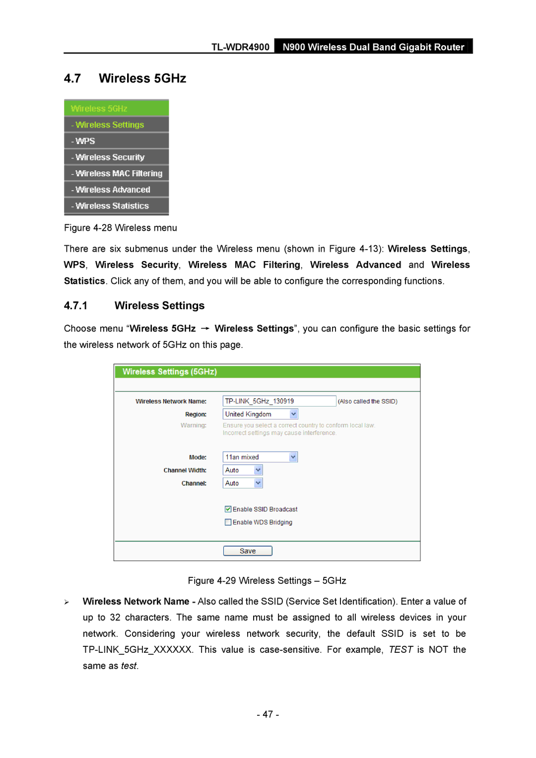 TP-Link TL-WDR4900 manual Wireless 5GHz, Wireless Settings 