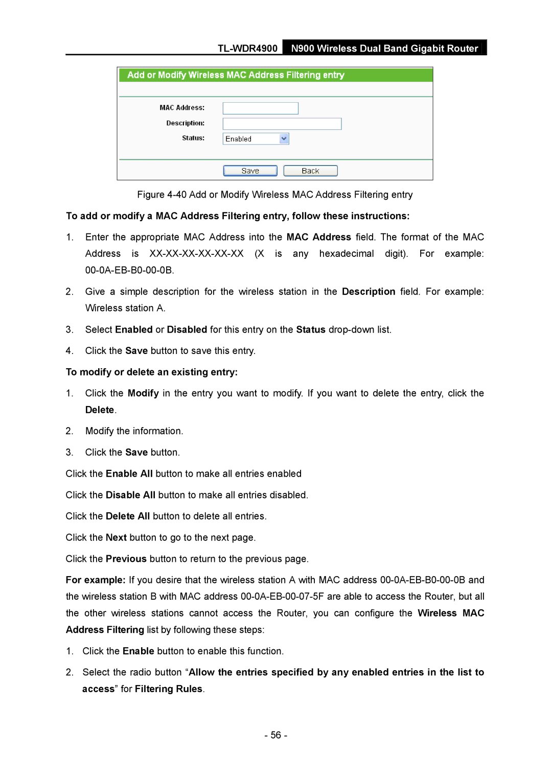 TP-Link TL-WDR4900 manual Add or Modify Wireless MAC Address Filtering entry 