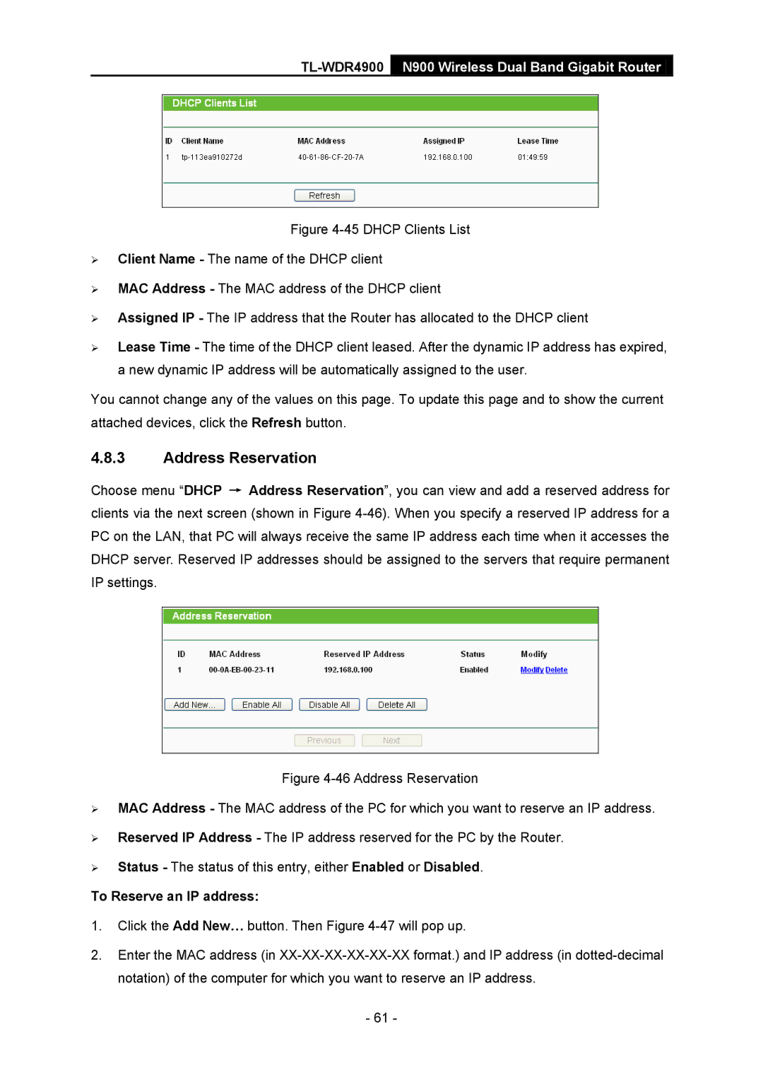 TP-Link TL-WDR4900 manual Address Reservation, To Reserve an IP address 