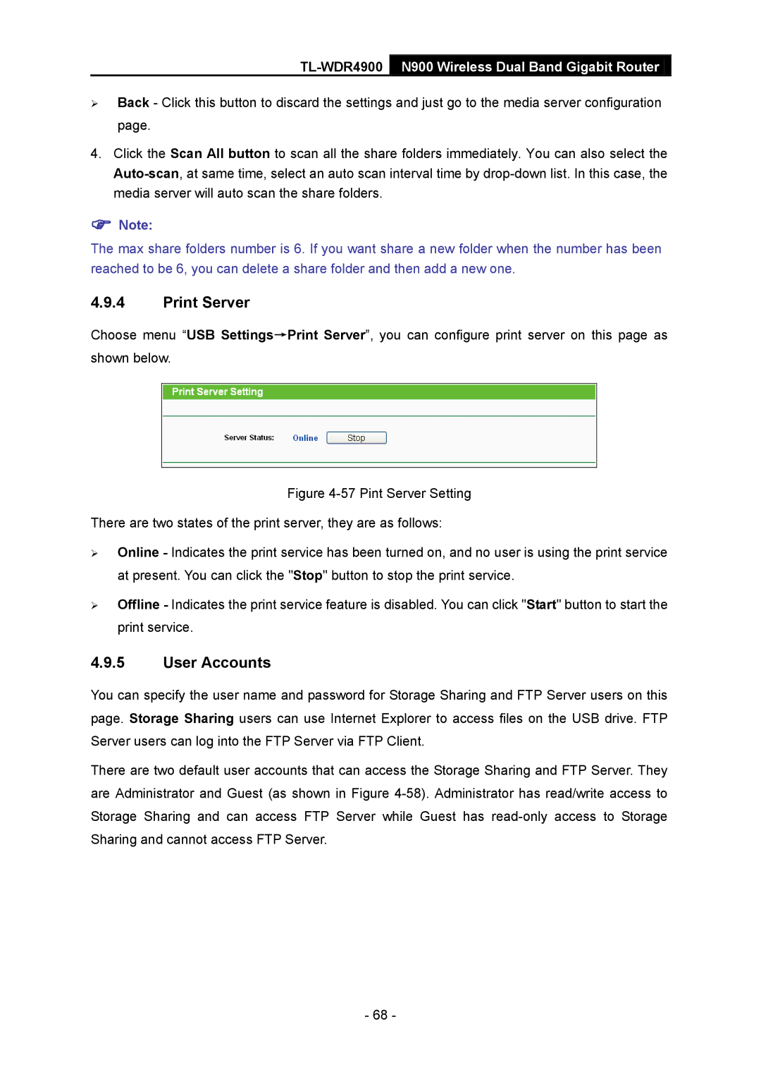 TP-Link TL-WDR4900 manual Print Server, User Accounts 