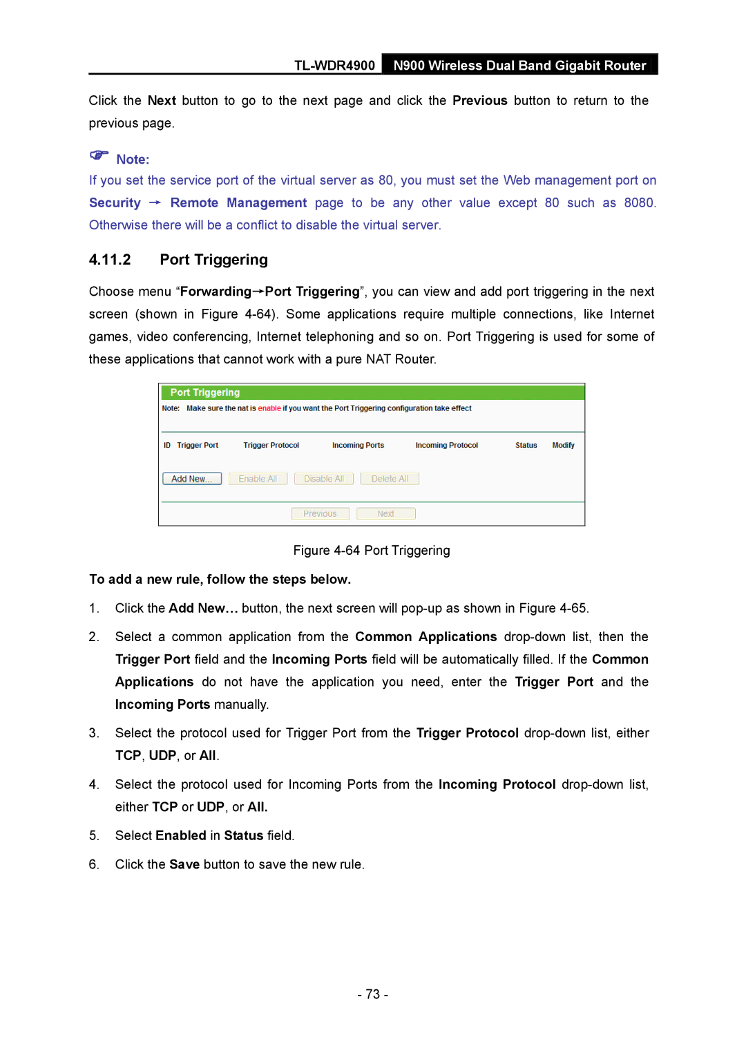 TP-Link TL-WDR4900 manual Port Triggering, To add a new rule, follow the steps below 