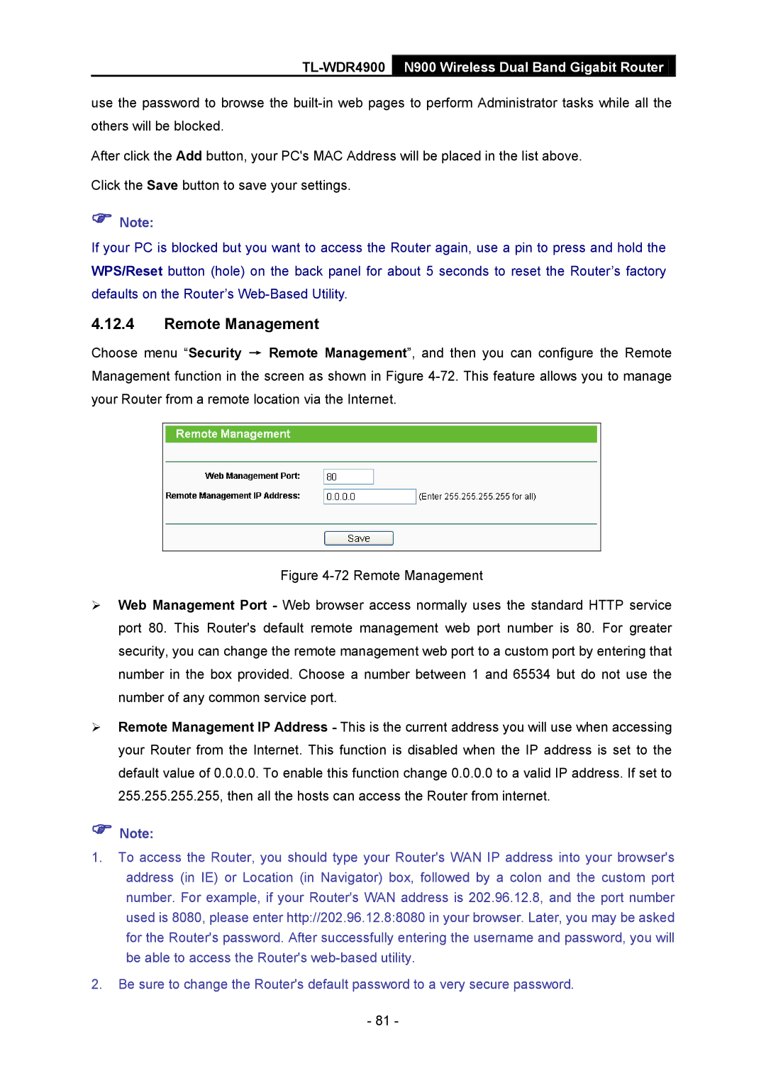 TP-Link TL-WDR4900 manual Remote Management 