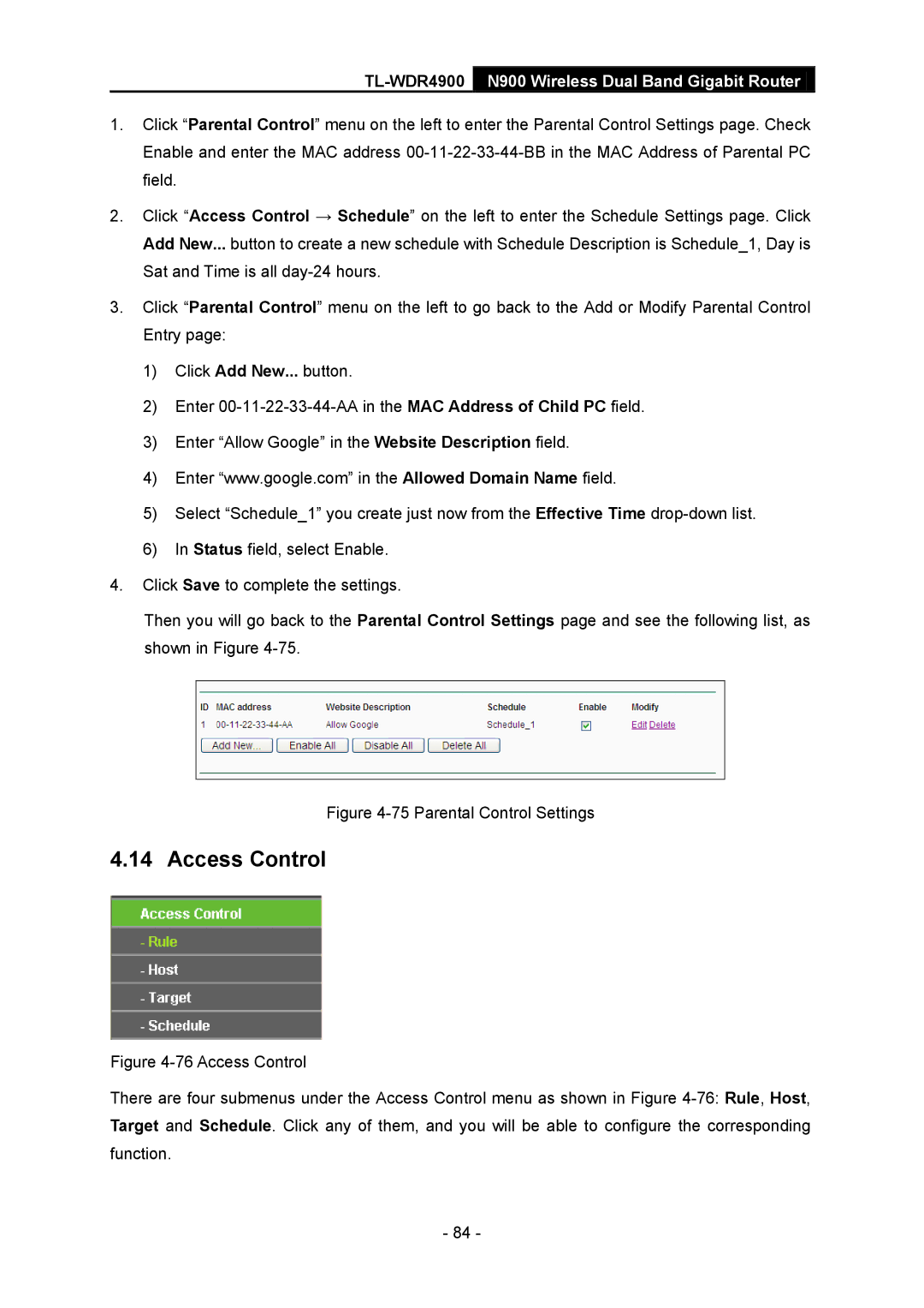 TP-Link TL-WDR4900 manual Access Control, Parental Control Settings 