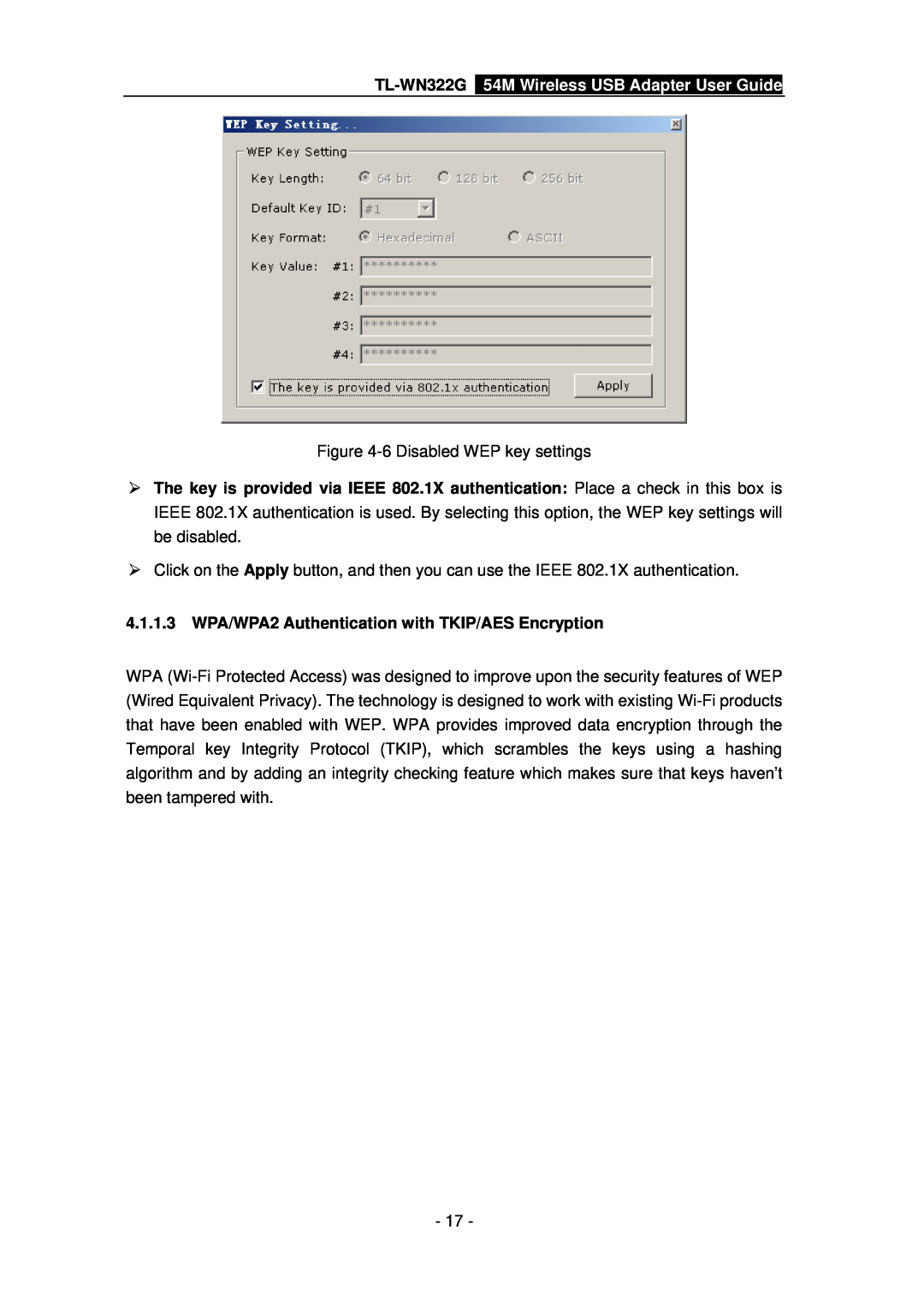 TP-Link manual 4.1.1.3 WPA/WPA2 Authentication with TKIP/AES Encryption, TL-WN322G 54M Wireless USB Adapter User Guide 