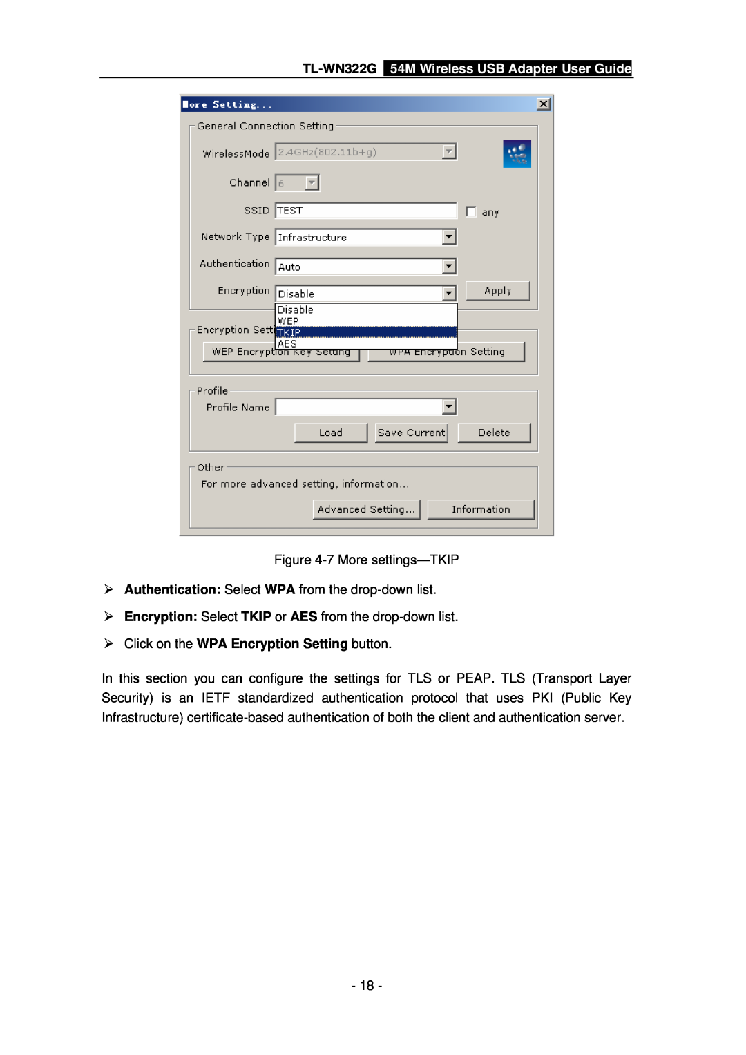 TP-Link manual ¾ Click on the WPA Encryption Setting button, TL-WN322G 54M Wireless USB Adapter User Guide 