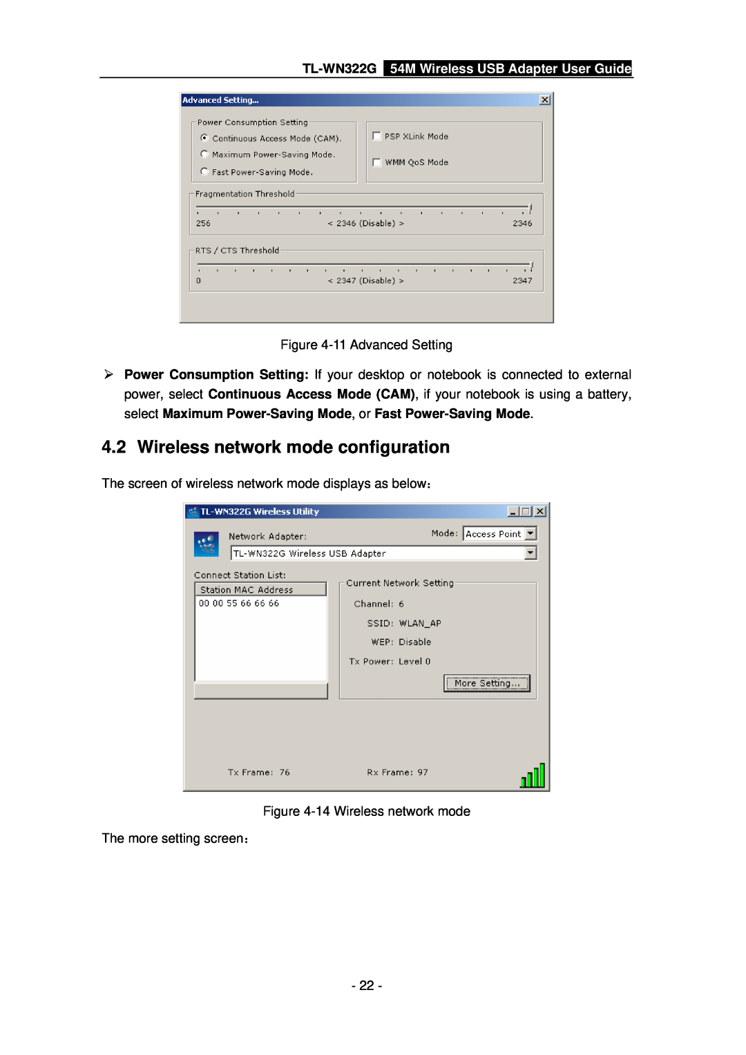 TP-Link manual Wireless network mode configuration, TL-WN322G 54M Wireless USB Adapter User Guide 