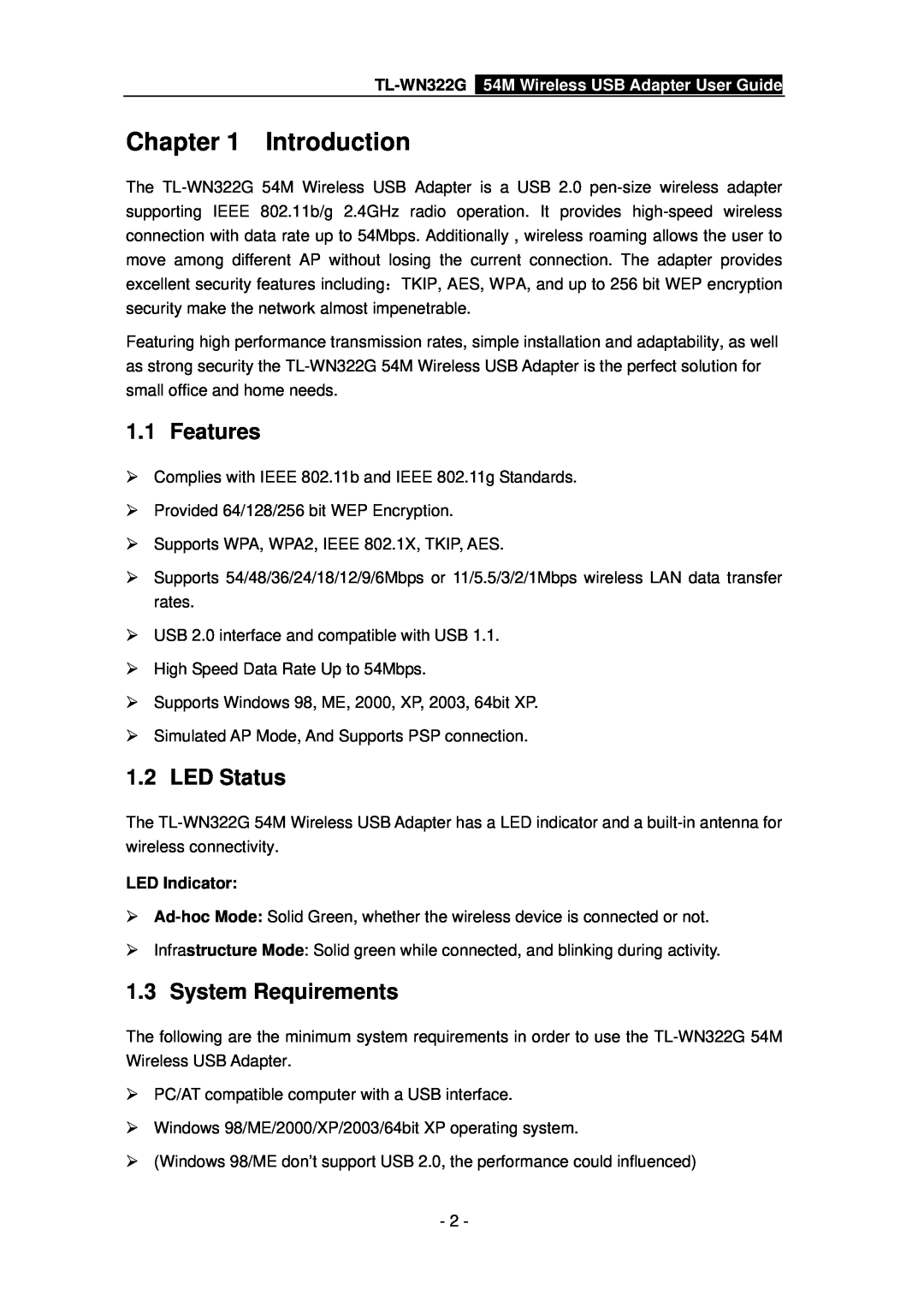 TP-Link TL-WN322G manual Introduction, Features, LED Status, System Requirements, LED Indicator 