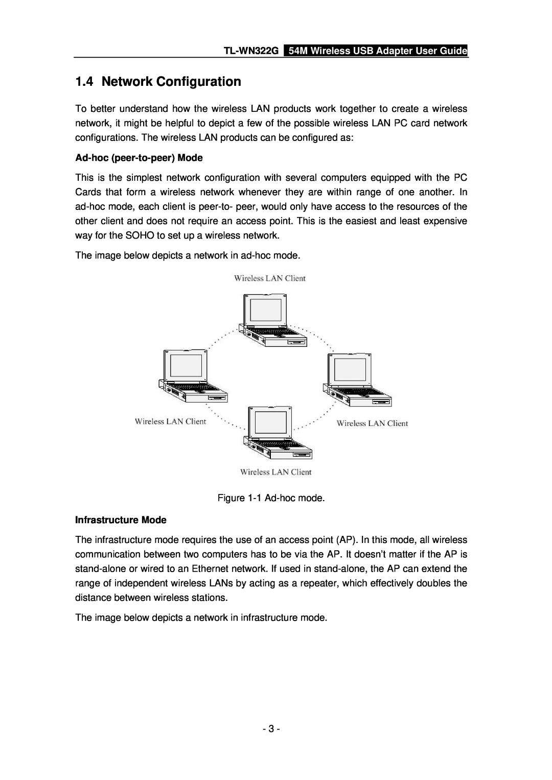 TP-Link TL-WN322G manual Network Configuration, Ad-hoc peer-to-peer Mode, Infrastructure Mode 