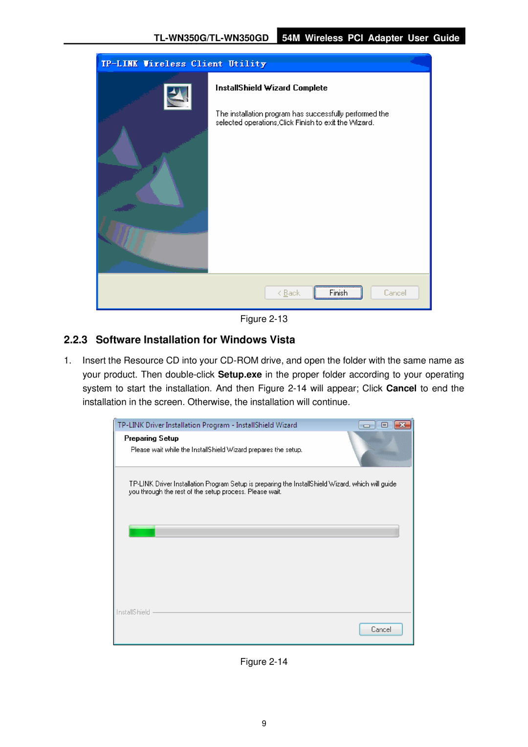 TP-Link TL-WN350GD manual Software Installation for Windows Vista 