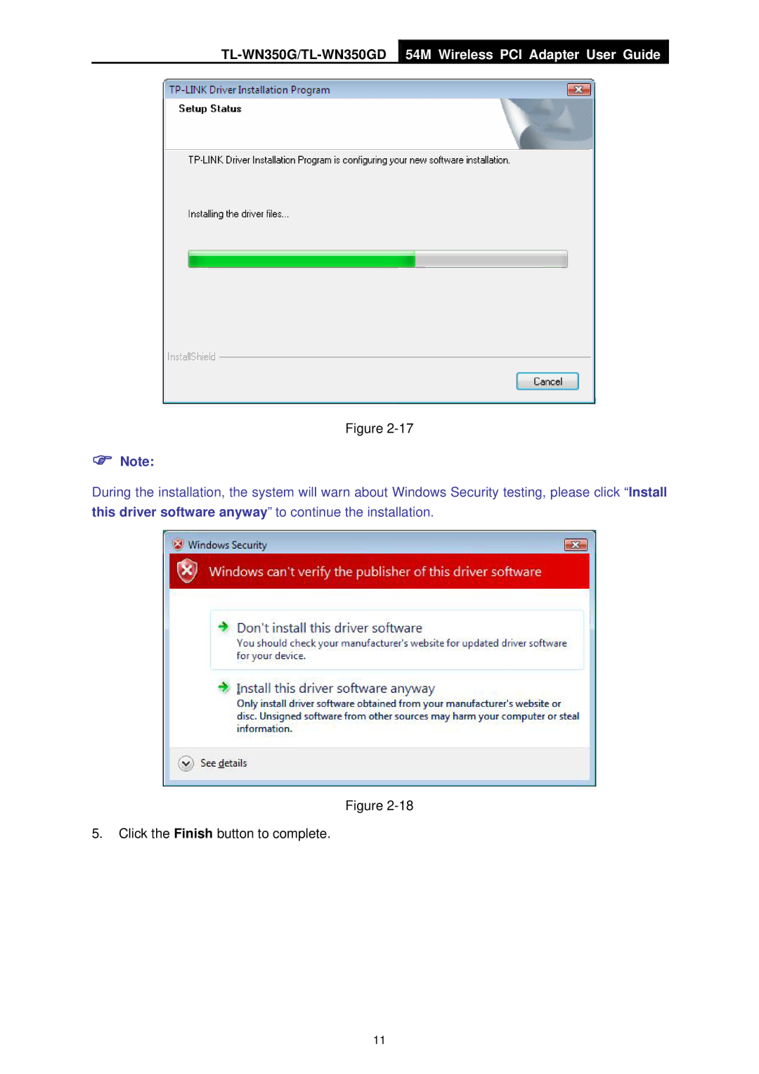 TP-Link TL-WN350GD manual Click the Finish button to complete 