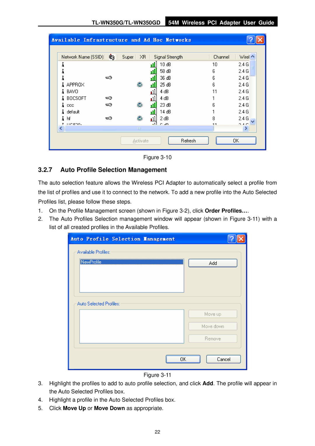 TP-Link TL-WN350GD manual Auto Profile Selection Management 