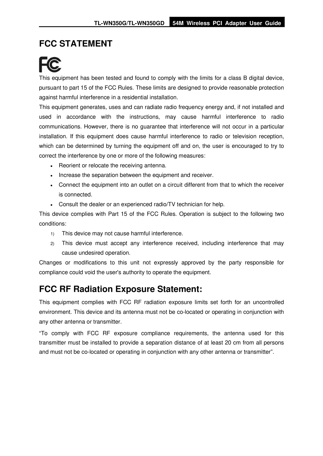 TP-Link TL-WN350GD manual FCC Statement 