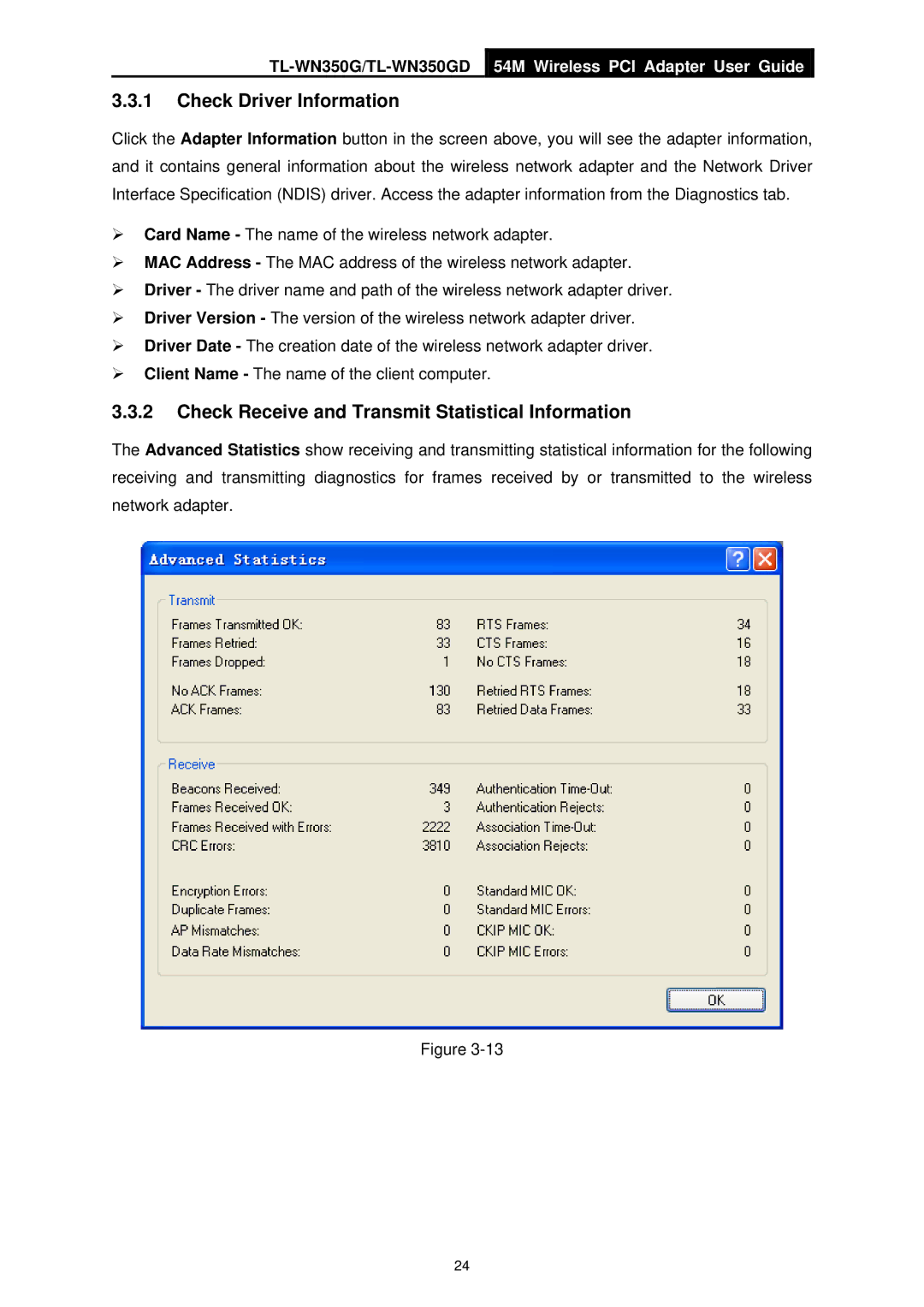 TP-Link TL-WN350GD manual Check Driver Information, Check Receive and Transmit Statistical Information 