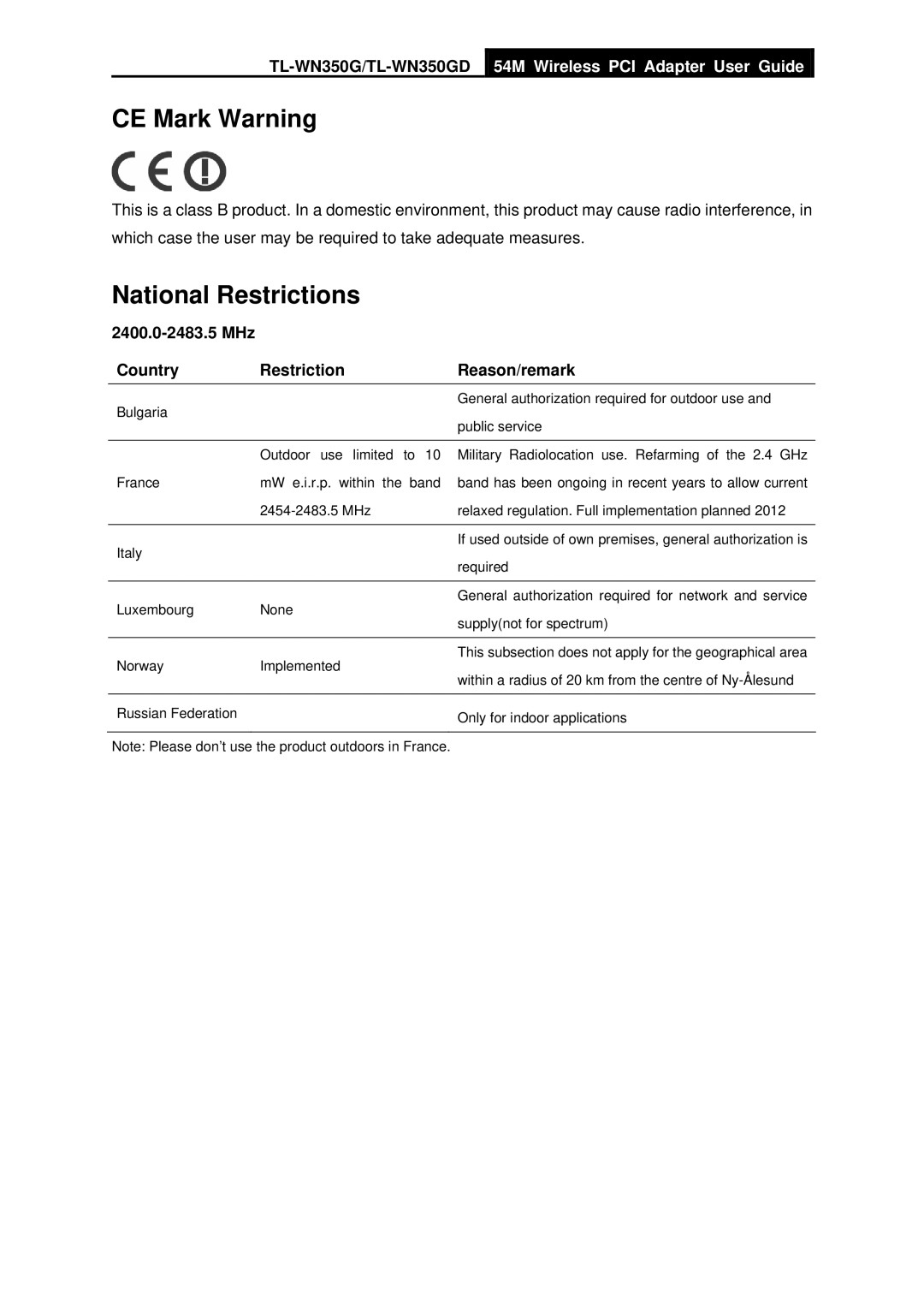 TP-Link TL-WN350GD manual CE Mark Warning, MHz Country Restriction Reason/remark 