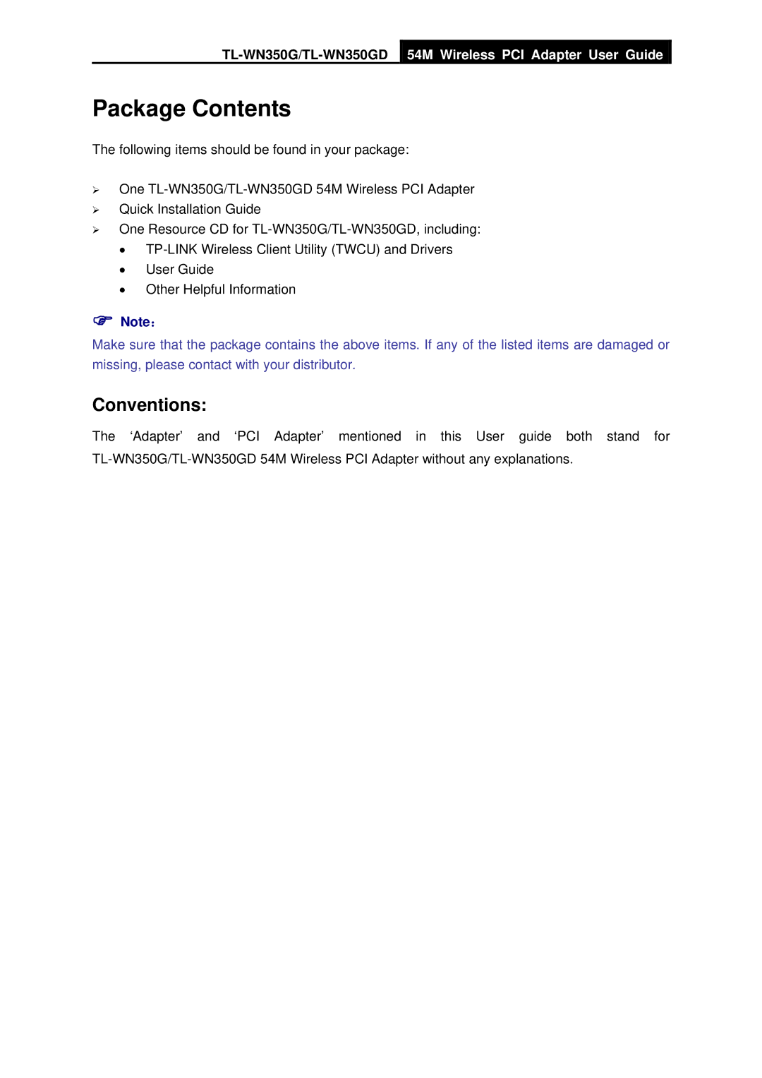 TP-Link TL-WN350GD manual Package Contents 