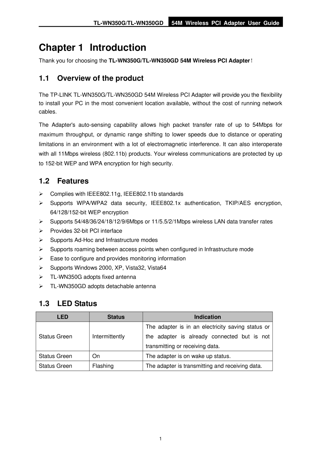 TP-Link TL-WN350GD manual Introduction, Overview of the product, Features, LED Status, Status Indication 