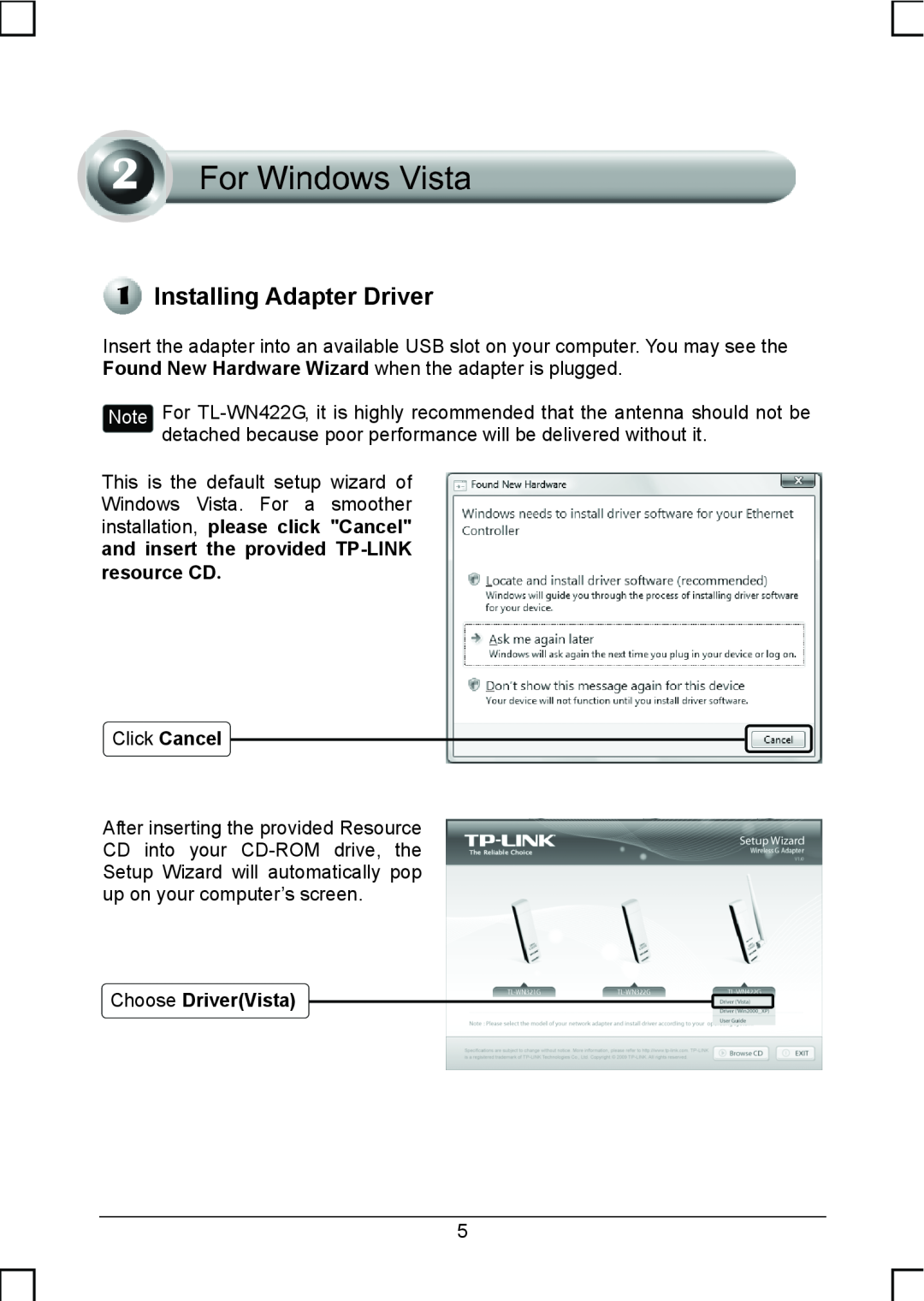 TP-Link TL-WN422G manual resource CD, Choose DriverVista, Installing Adapter Driver 