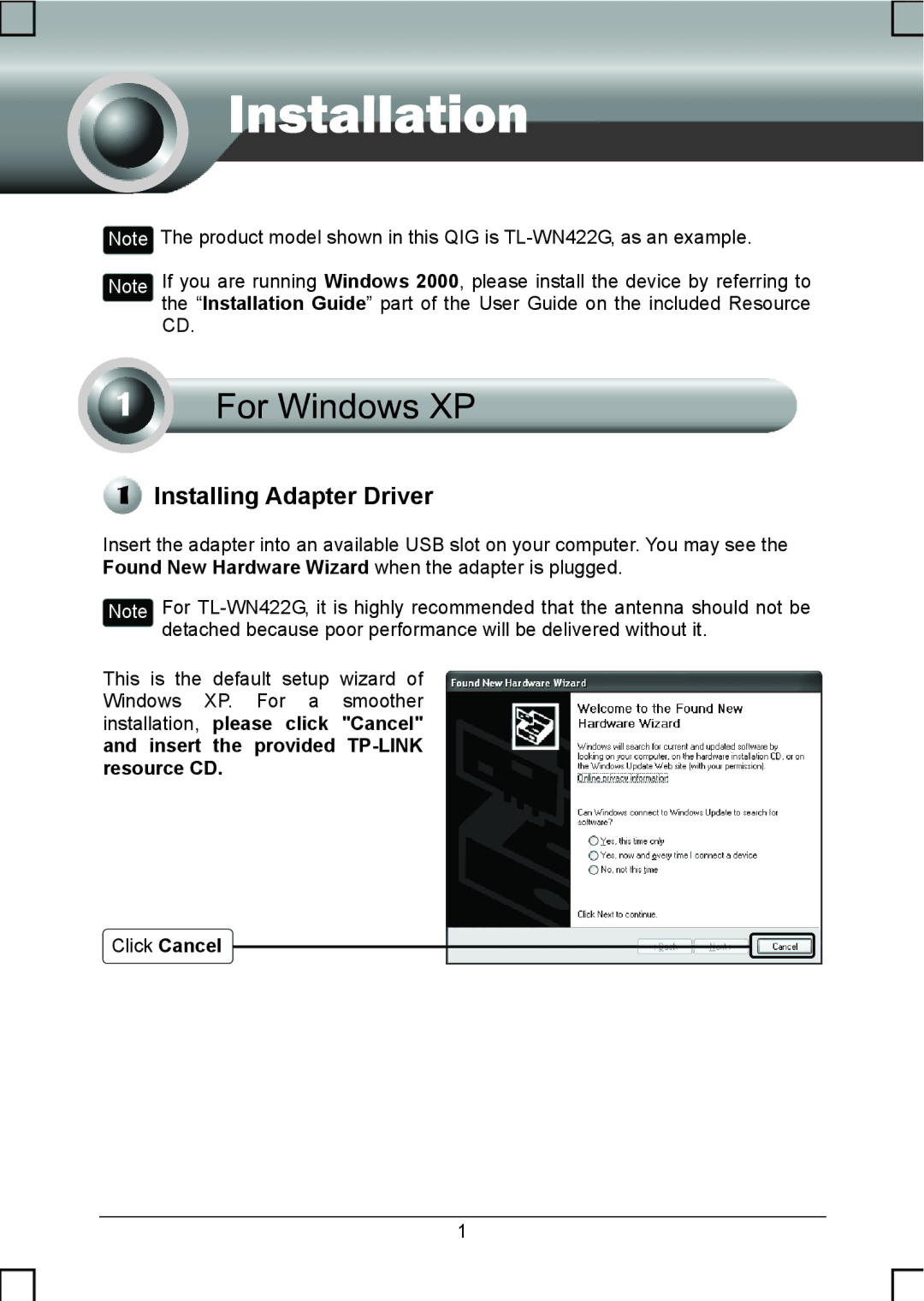 TP-Link TL-WN422G manual Installing Adapter Driver 