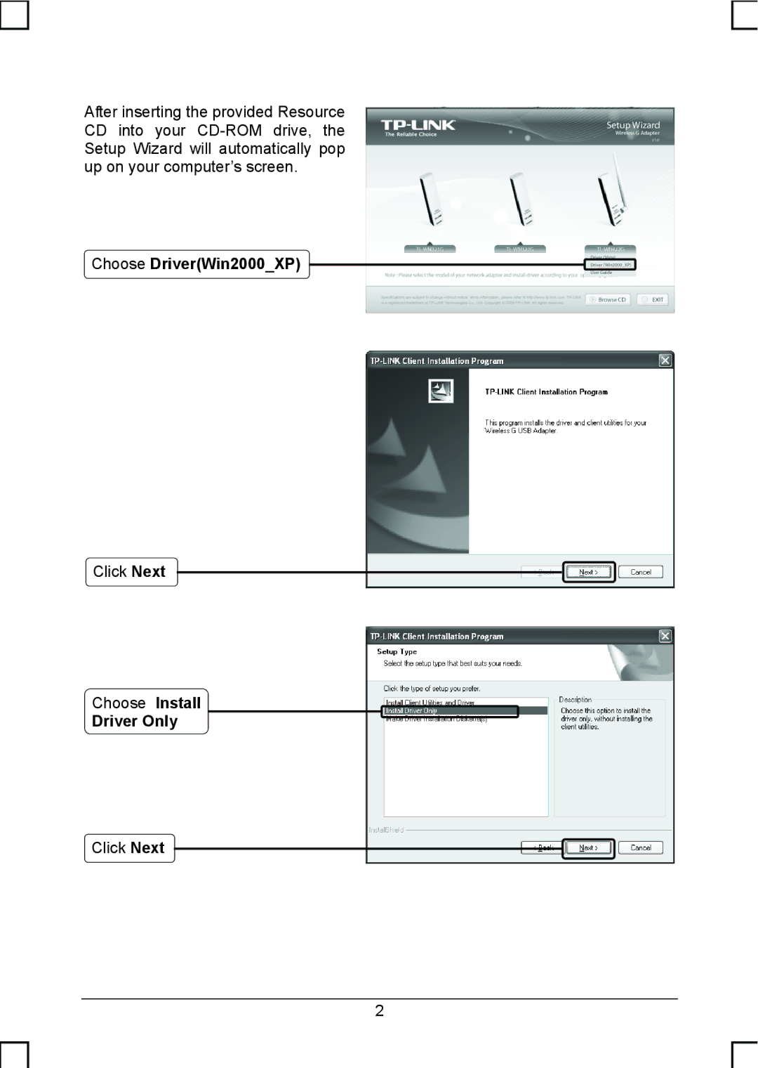 TP-Link TL-WN422G manual Choose DriverWin2000XP, Driver Only 