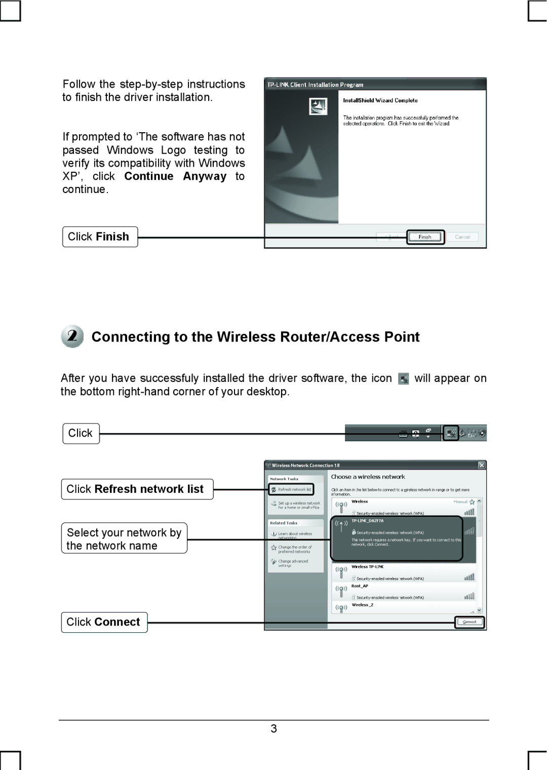 TP-Link TL-WN422G manual Click Refresh network list, Click Connect 