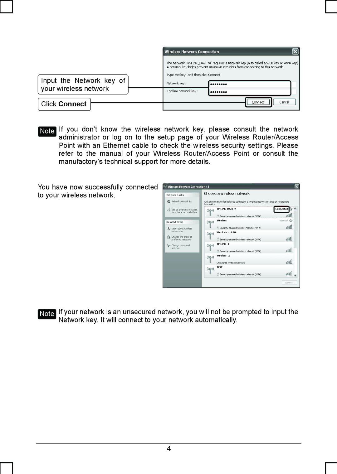 TP-Link TL-WN422G manual Input the Network key of your wireless network 