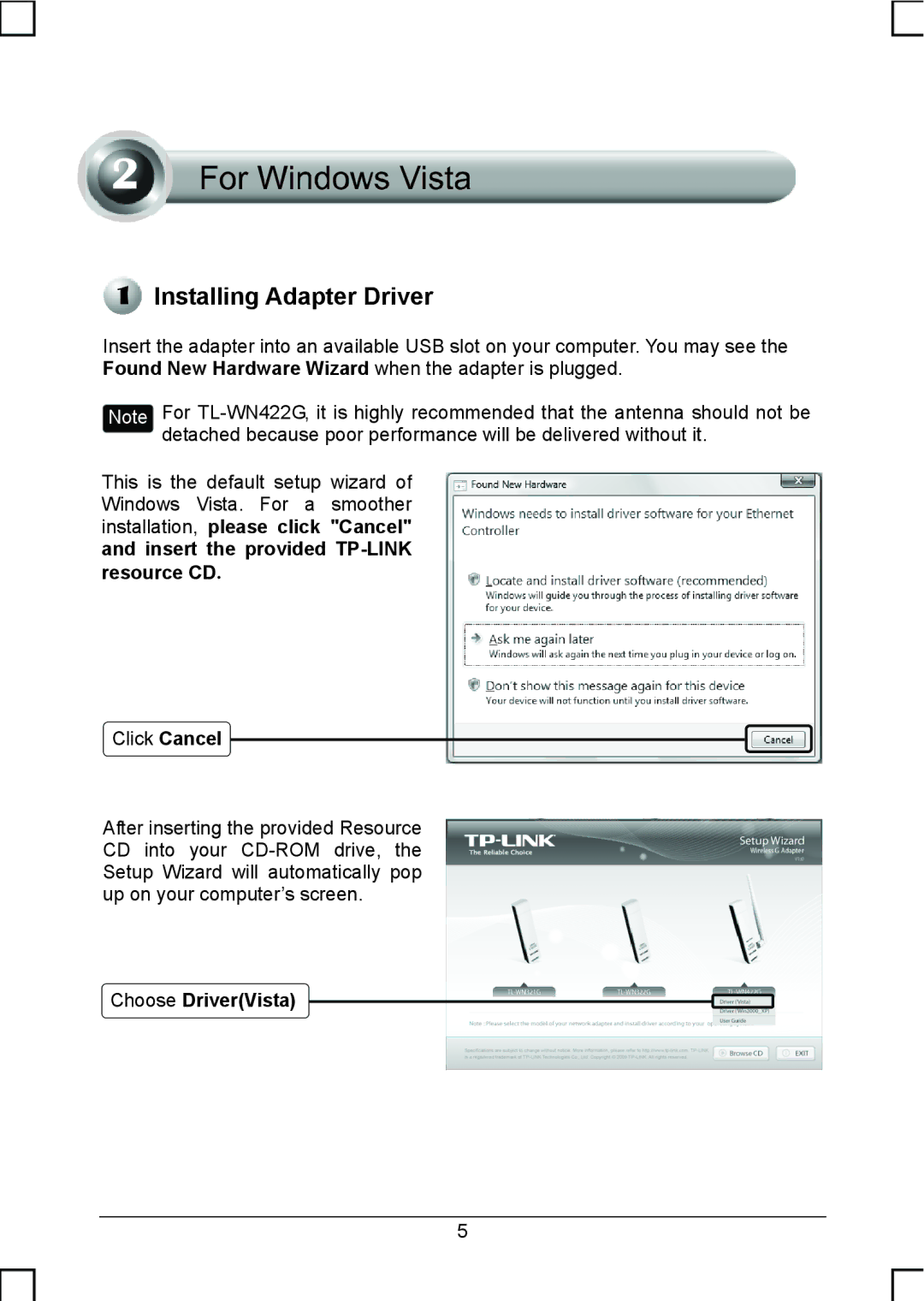 TP-Link TL-WN422G manual Resource CD, Choose DriverVista 