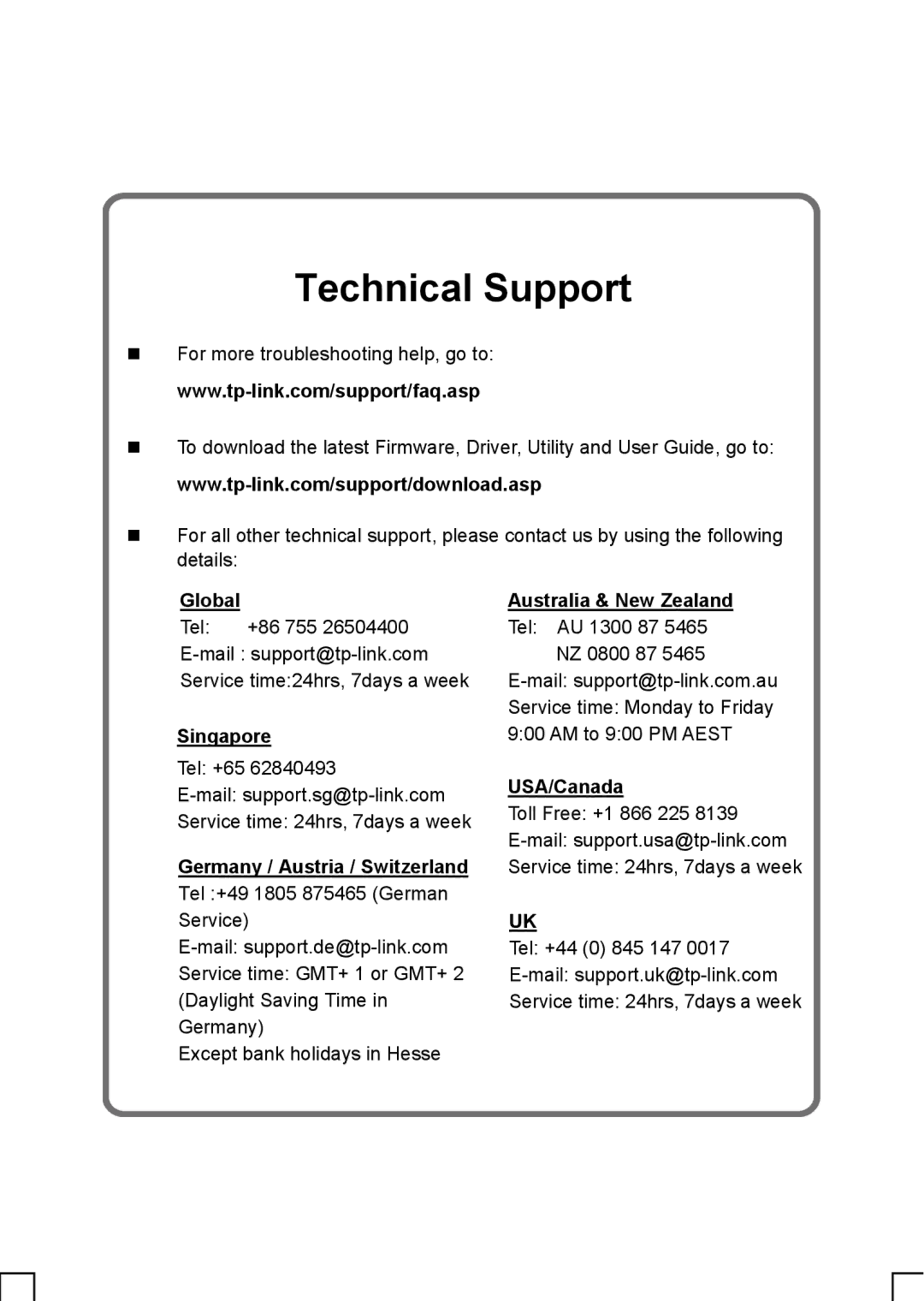 TP-Link TL-WN422G manual Global, Singapore, Australia & New Zealand, USA/Canada 