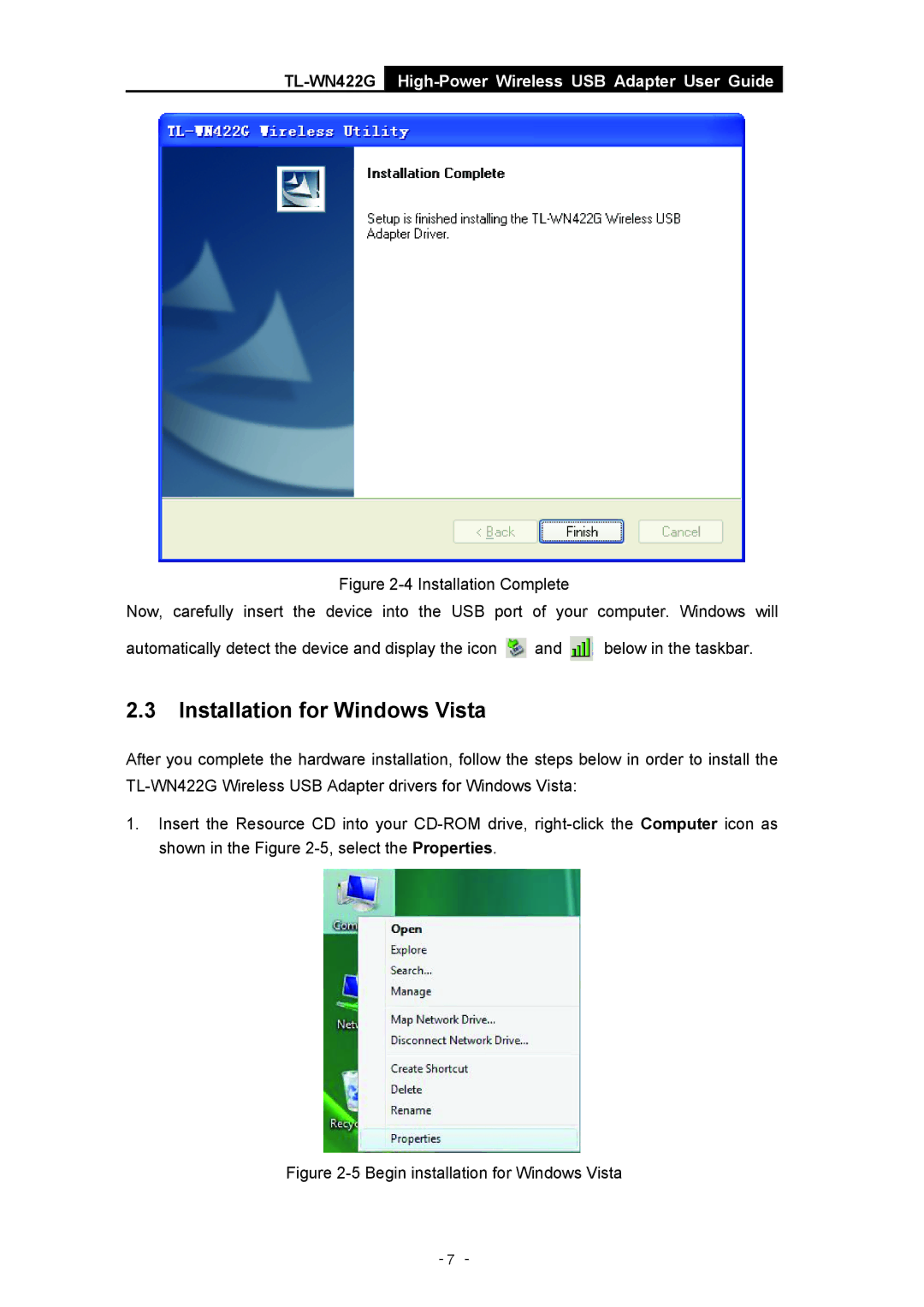 TP-Link TL-WN422G manual Installation for Windows Vista, Begin installation for Windows Vista 