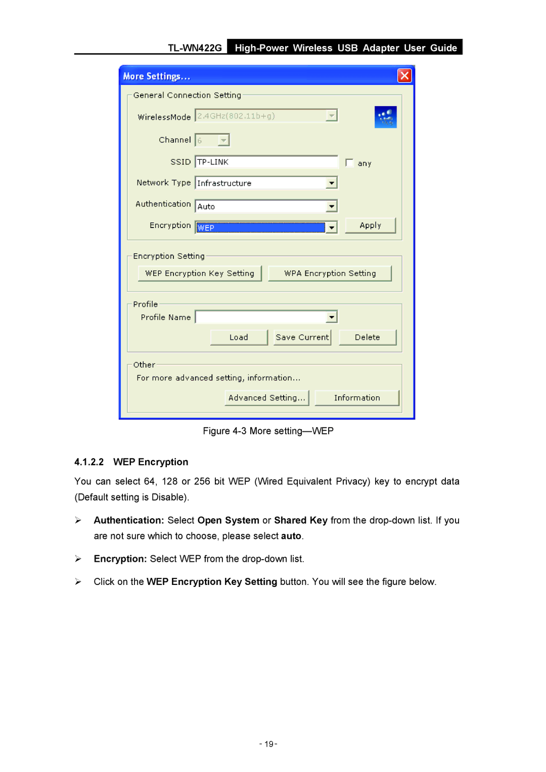 TP-Link TL-WN422G manual More setting-WEP, WEP Encryption 