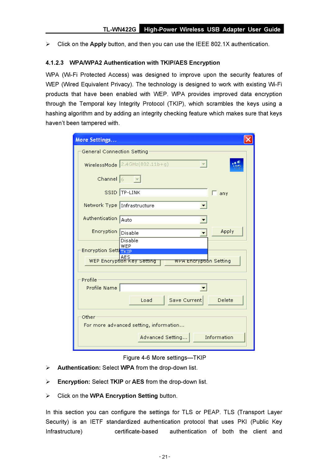 TP-Link TL-WN422G manual 2.3 WPA/WPA2 Authentication with TKIP/AES Encryption, ¾ Click on the WPA Encryption Setting button 