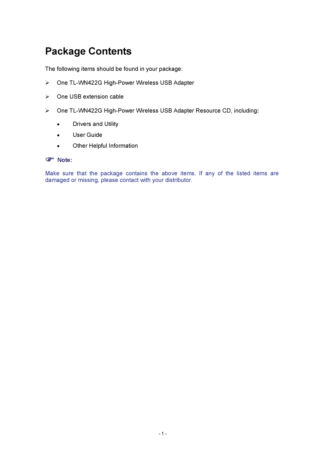 TP-Link TL-WN422G manual Package Contents 