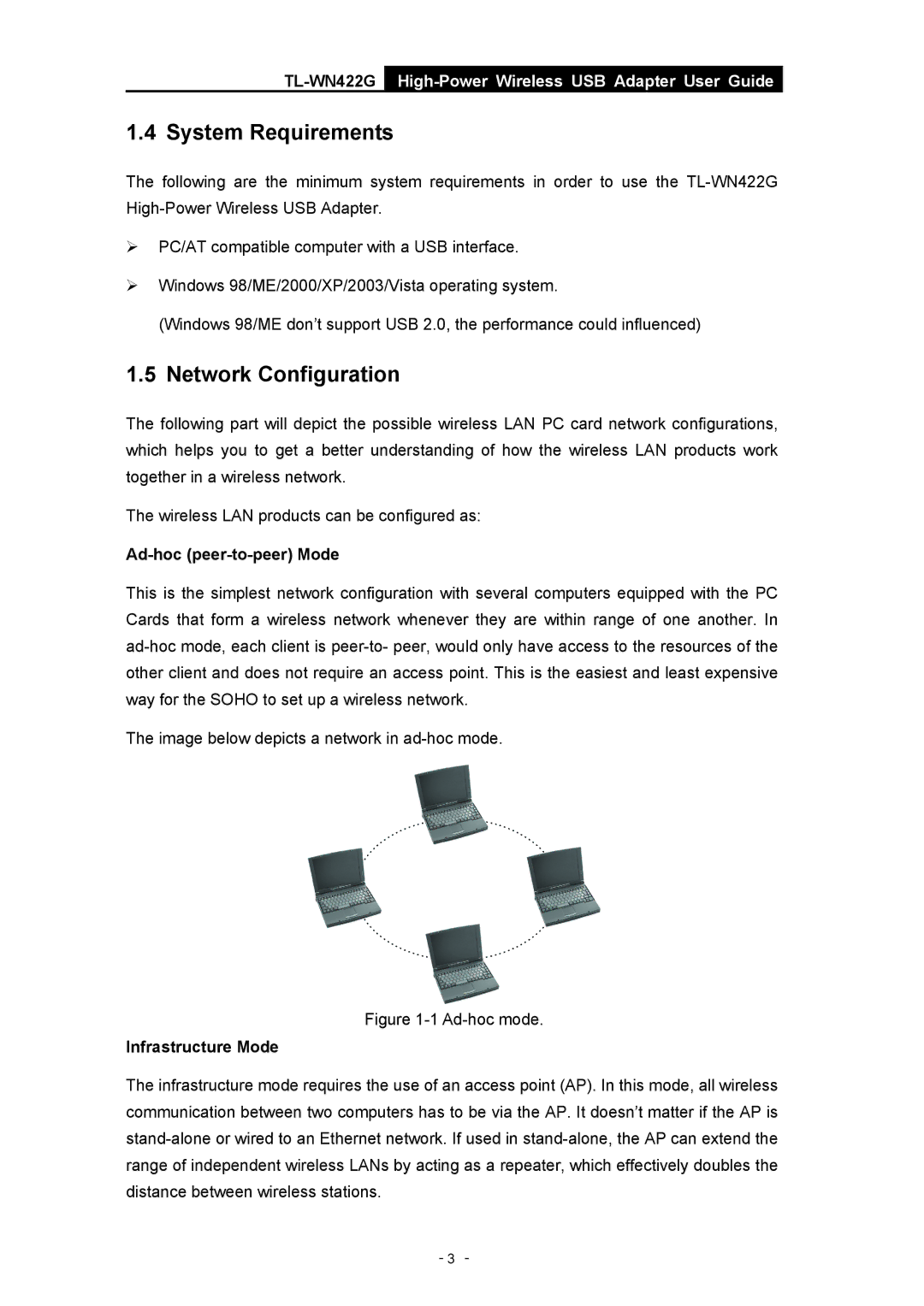 TP-Link TL-WN422G manual System Requirements, Network Configuration, Ad-hoc peer-to-peer Mode, Infrastructure Mode 