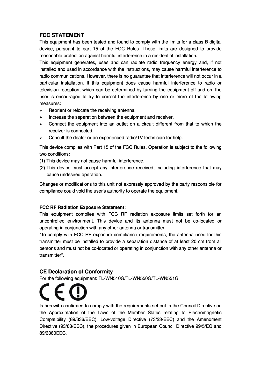 TP-Link TL-WN510G, TL-WN551G, TL-WN550G Fcc Statement, CE Declaration of Conformity, FCC RF Radiation Exposure Statement 