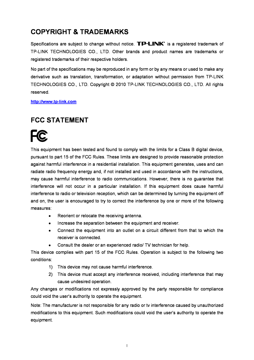 TP-Link TL-WN7200N manual Copyright & Trademarks, Fcc Statement 