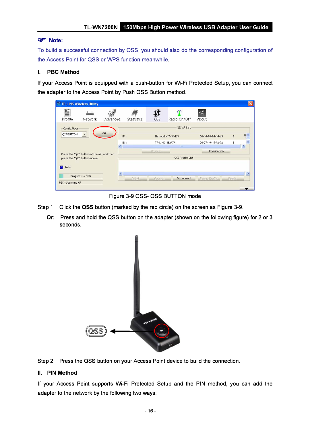 TP-Link manual TL-WN7200N 150Mbps High Power Wireless USB Adapter User Guide, I. PBC Method, II. PIN Method 