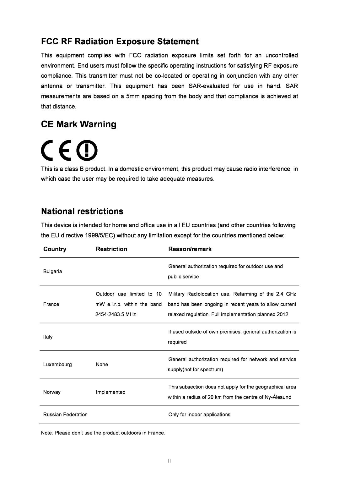 TP-Link TL-WN7200N manual CE Mark Warning, FCC RF Radiation Exposure Statement, National restrictions 
