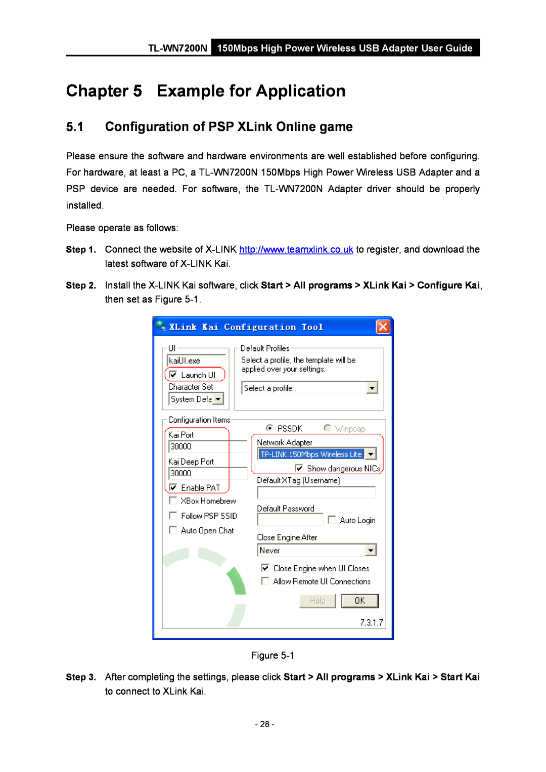 TP-Link TL-WN7200N manual Example for Application, Configuration of PSP XLink Online game 