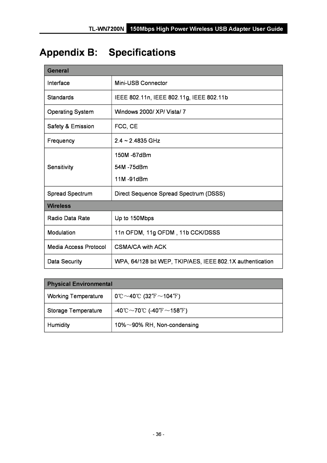 TP-Link manual Appendix B, Specifications, TL-WN7200N 150Mbps High Power Wireless USB Adapter User Guide, General 