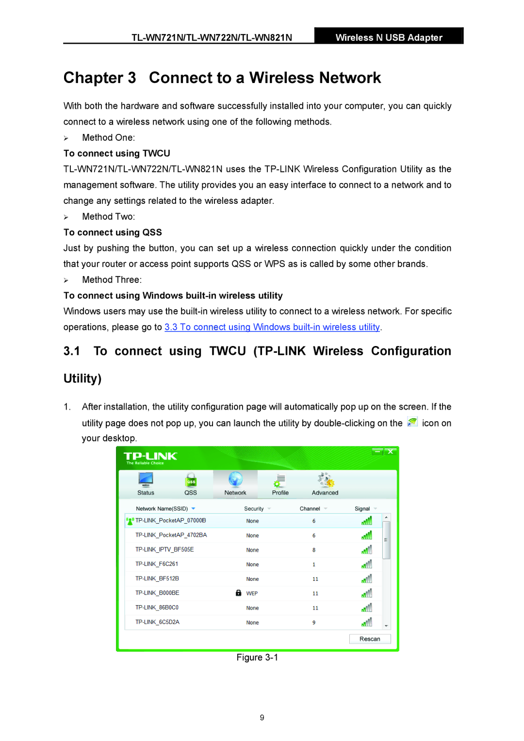 TP-Link TL-WN721N manual Connect to a Wireless Network, To connect using Twcu TP-LINK Wireless Configuration Utility 