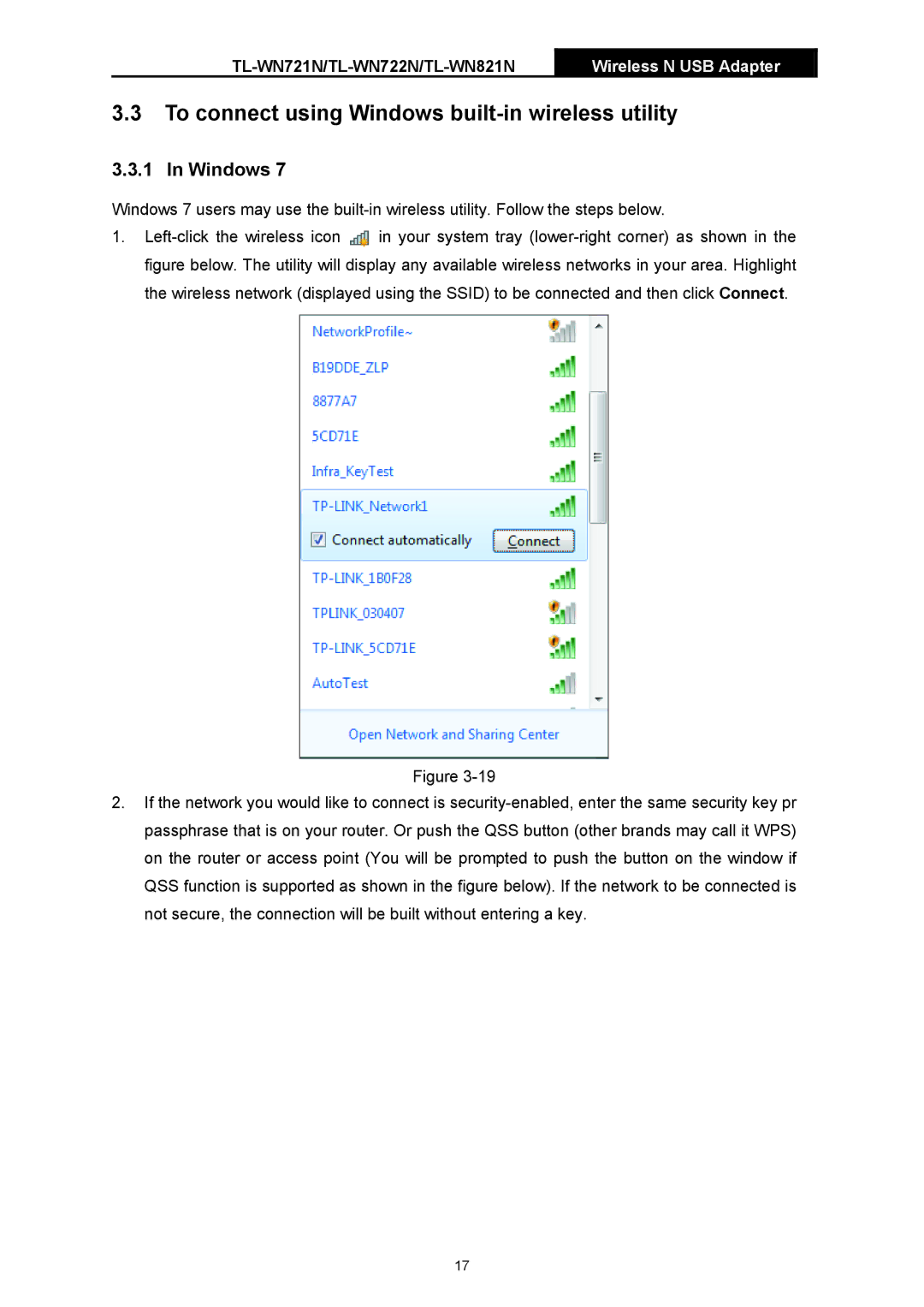 TP-Link TL-WN721N manual To connect using Windows built-in wireless utility 