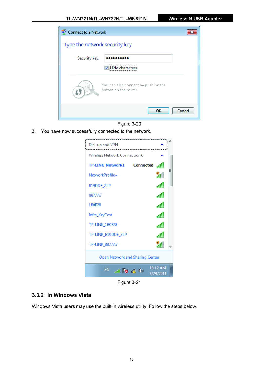 TP-Link TL-WN721N manual Windows Vista 